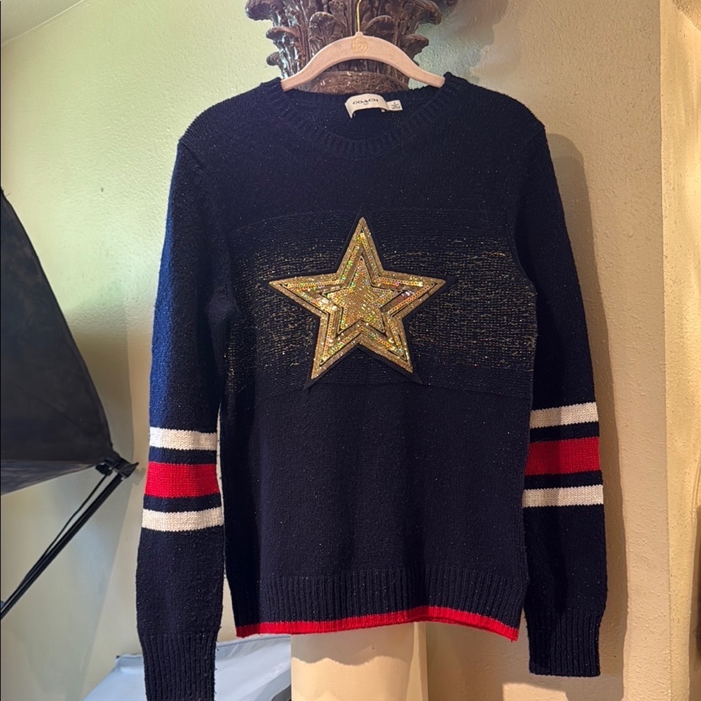 Coach Navy Sweater with Gold Star and Stripes
